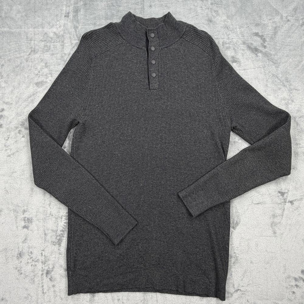 Express Mens Medium Ribbed Knit Henley Sweater Charcoal Snap Button Casual
